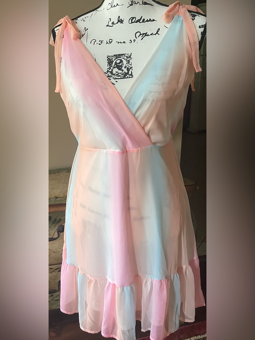 “Peach Love California” Pastel Pink, Peach & Blue Ombre Chiffon Dress. Size: S